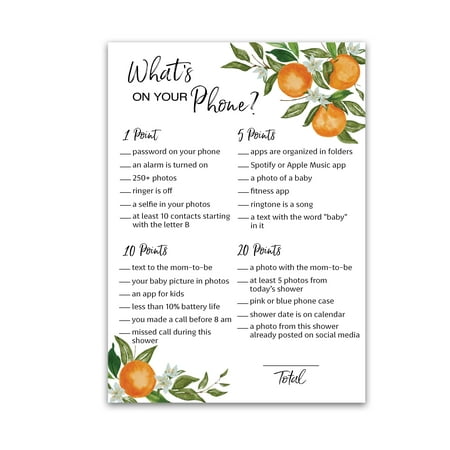 A Little Cutie Theme — WHAT'S ON YOUR PHONE Baby Shower Game — Pack of 25 — Citrus Orange Baby Shower Games, Boho Gender Neutral Cutie Shower Activity, Couples Shower Co-ed Shower Coed G350-PHN