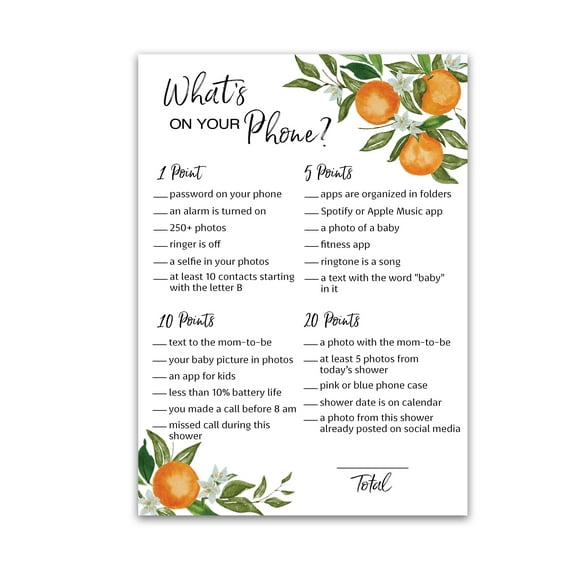 A Little Cutie Theme WHAT'S ON YOUR PHONE Baby Shower Game Pack of 25 Citrus Orange Baby Shower Games, Boho Gender Neutral Cutie Shower Activity, Couples Shower Co-ed Shower Coed G350-PHN