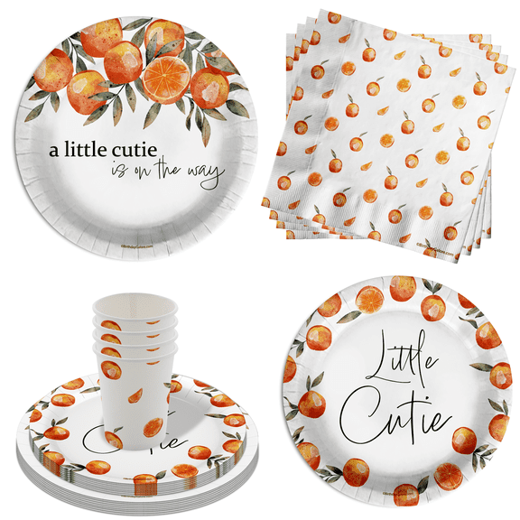 Our Little Cutie Is On The Way Baby Shower Party Supplies - 64 Piece Oranges Baby Shower Tableware Set Includes Large 9" Dinner Plates and 8" Dessert Paper Plates Napkins Cups - Kit for 16