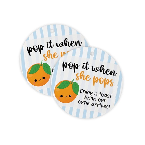 Little Cuties Pop It When She Pops Hang Tags 30pk 2.5 Circles Labels Baby Shower Summer Oranges Champagne Stickers Favors