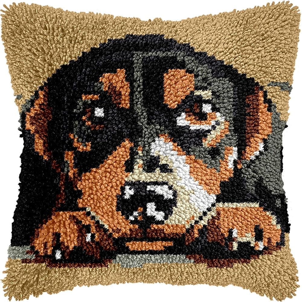 Little Dachshund Latch Hook Pillow Kits for DIY Handmade Throw Pillow Cushion Embroidery Latch Hooking Pillowcase Kits with Preprinted Canvas Crochet Yarn Kits 17''X 17''(g59)