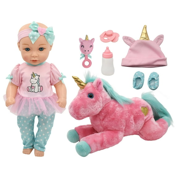Little Darlings: 15" Hop On Baby Set - Unicorn, Pink, Green - Hard Body Baby Doll, Large Plush Unicorn, Hat & Accessories, New Adventures, Kids Age 3+