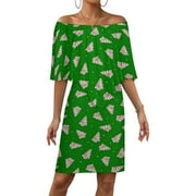 LINGTAIN Little Debbie Cake Christmas Tree Snack Cake Women's Off The Shoulder Ruffles Summer Wedding Guest Loose Casual Party Beach Dress