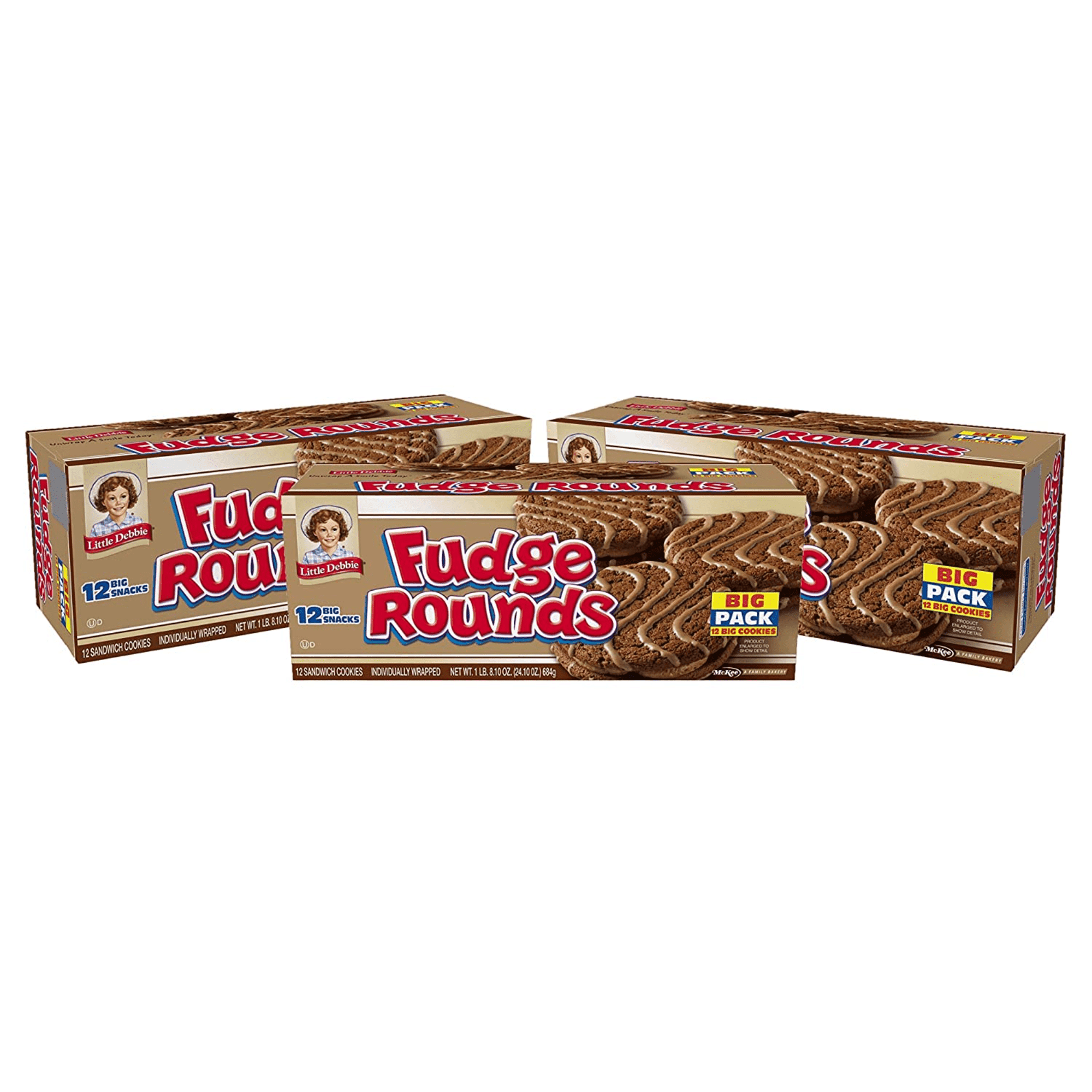 Little Debbie Fudge Rounds, 3 Big Pack Boxes of 36 Individually Wrapped Chocolate Sandwich Cookies with Fudge Creme