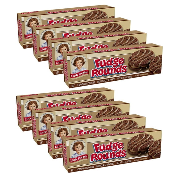 Little Debbie Fudge Rounds, 8 Boxes of 64 Individually Wrapped Chocolate Sandwich Cookies with Fudge Creme