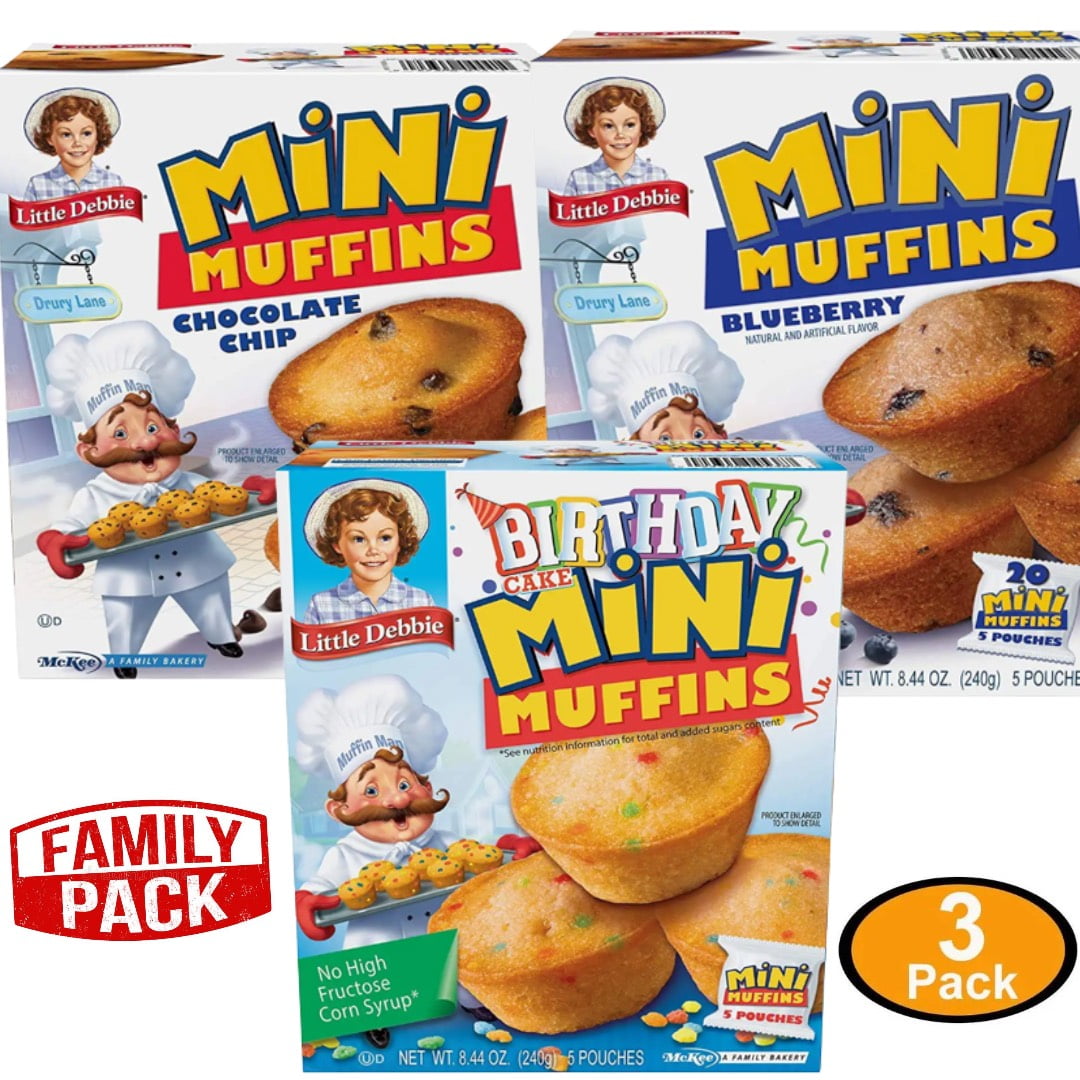 Little Debbie Mini Muffin Variety Pack, Birthday Cake, Blueberry, Chocolate Chip (1 Box Each