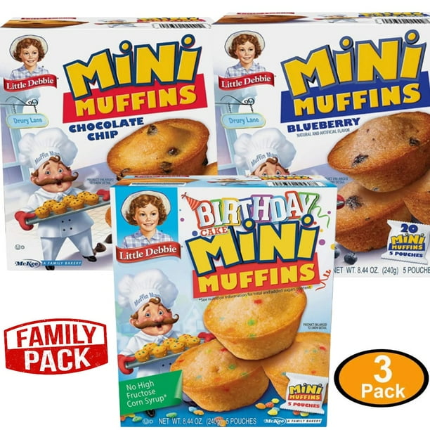 Little Debbie Mini Muffin Variety Pack, Birthday Cake, Blueberry, Chocolate Chip (1 Box Each
