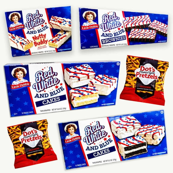Little Debbie Red White Blue Cakes - Chocolate, Vanilla, Brownies, Nutty Buddy - Original Pretzel Twists (2, 1oz) - 6 Items