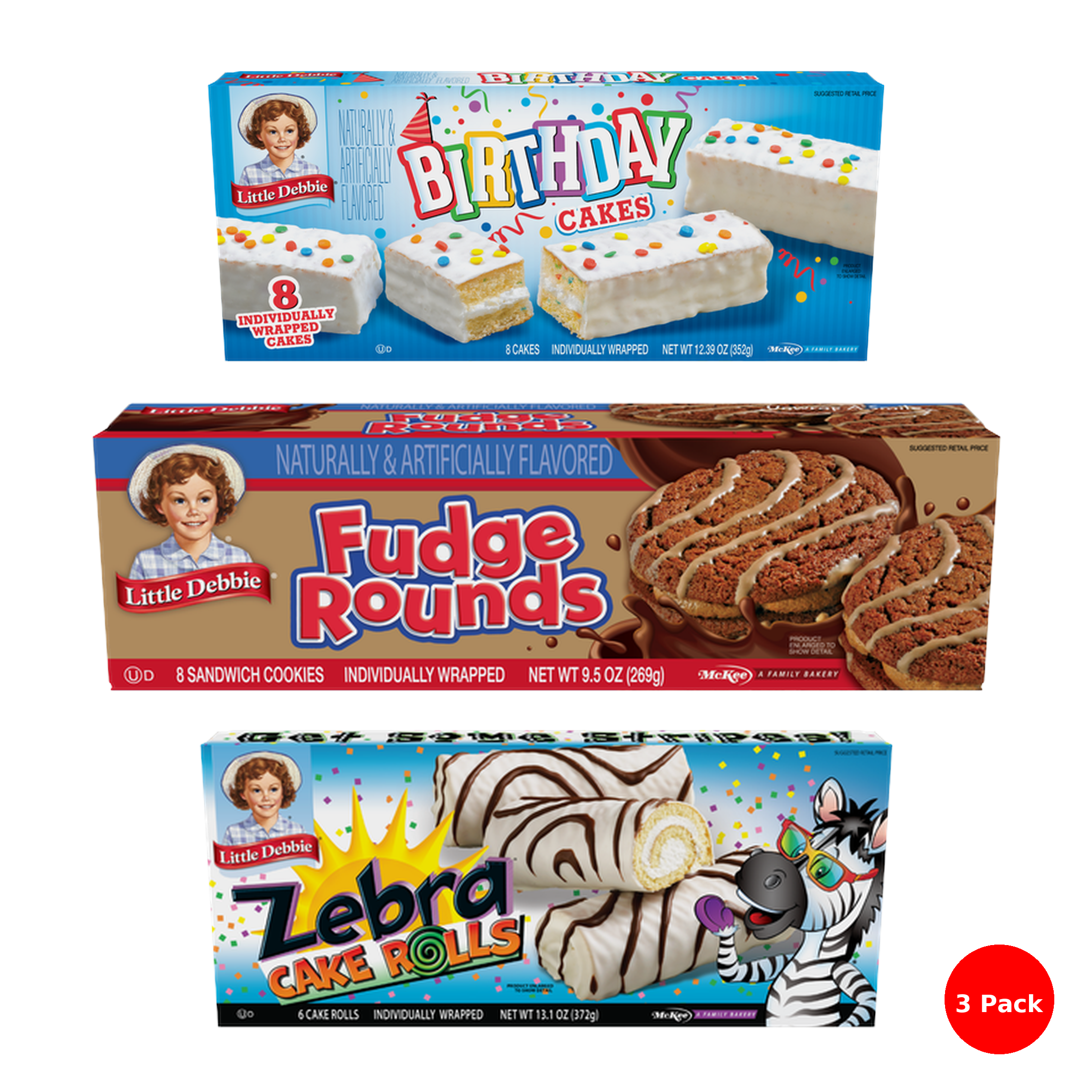 Little Debbie Snack Cake Combo (3 Pack) – Fudge Rounds - 8 Sandwich Cookies, Zebra Cake Rolls - 6 Cake Rolls , Birthday Cake - 8 Cakes (All Individually Wrapped)