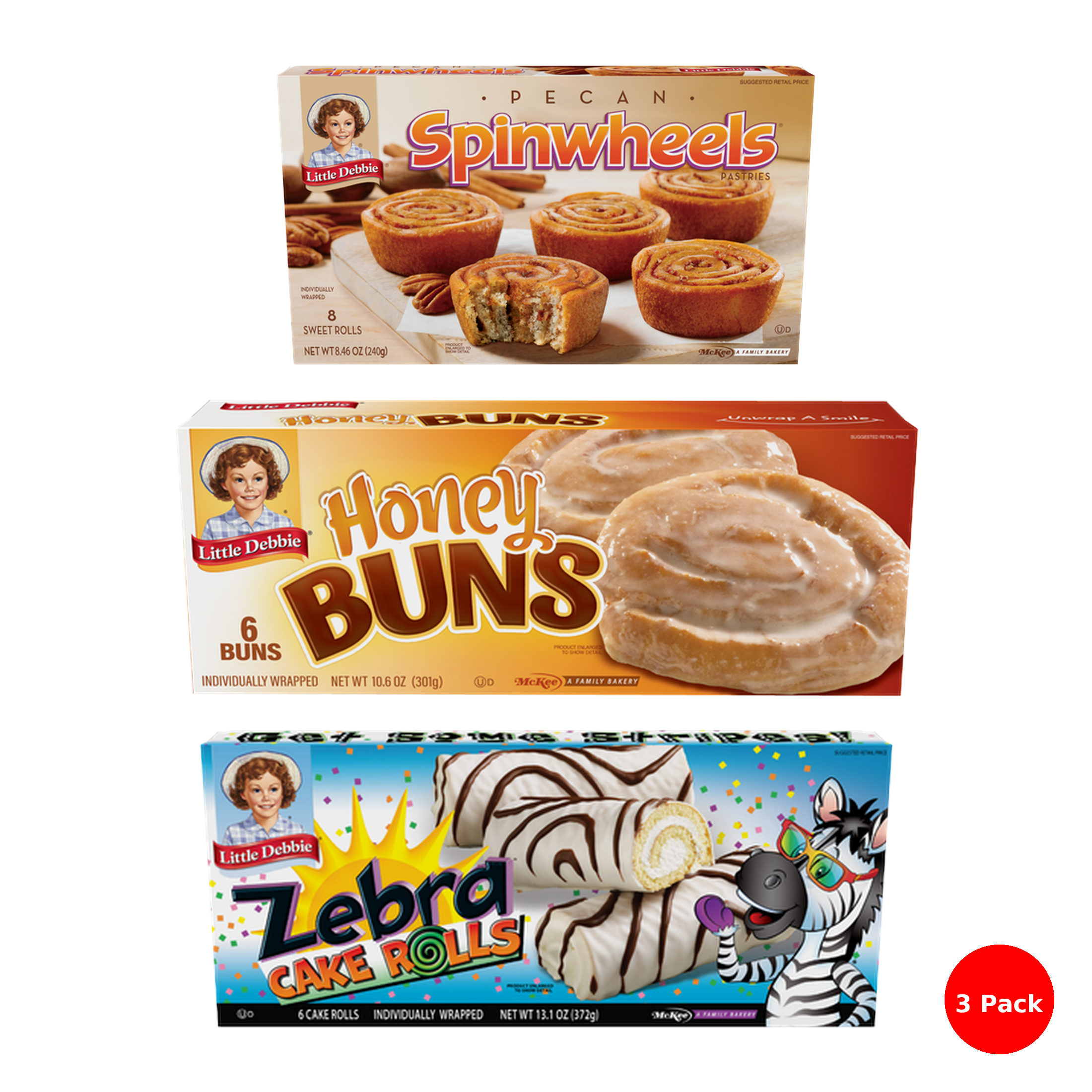 Little Debbie Snack Cake Combo (3 Pack) – Honey Buns - 6 Buns, Pecan Spinwheels - 8 Sweet Rolls , Zebra Cake Rolls - 6 Cake Rolls (All Individually Wrapped)