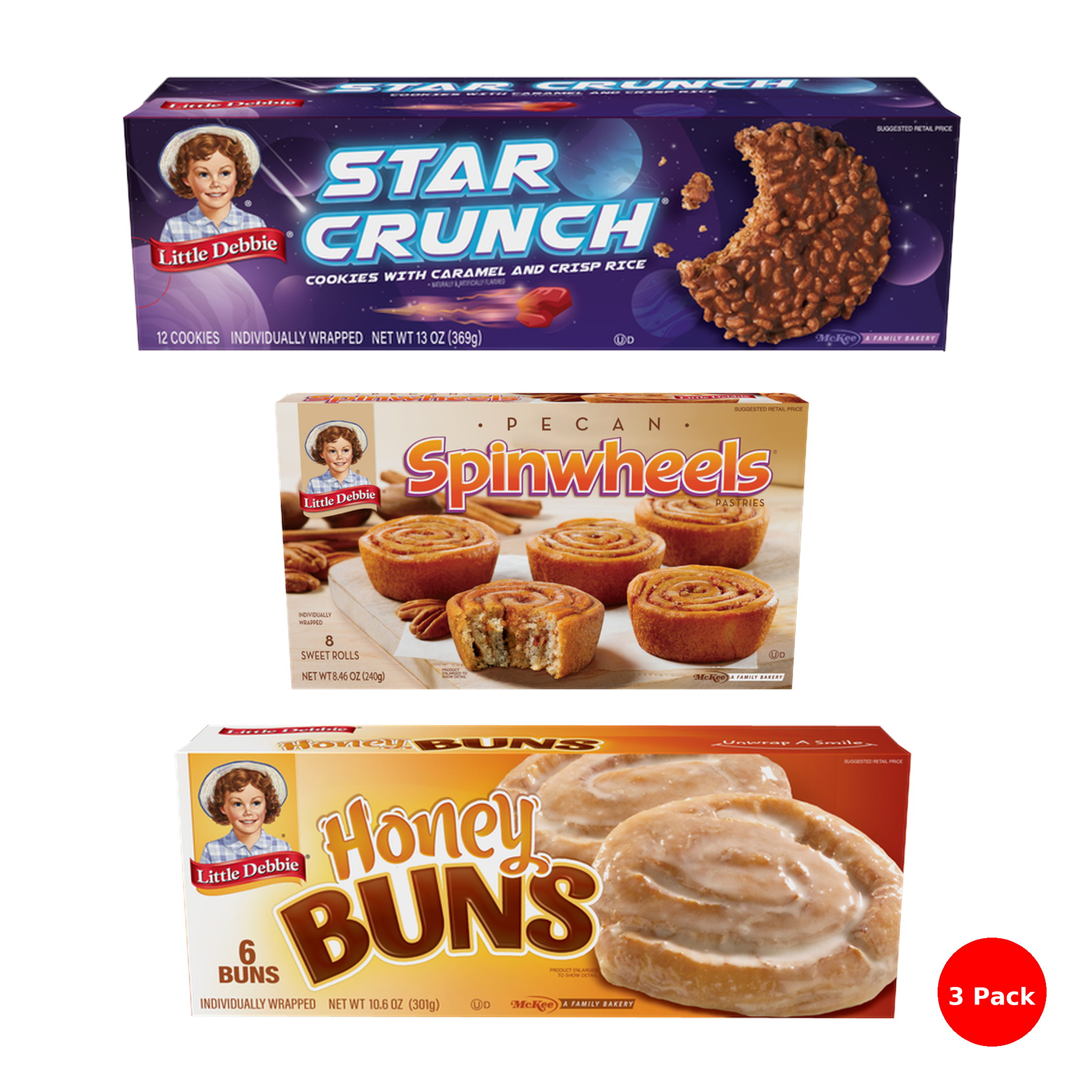 Little Debbie Snack Cake Combo (3 Pack) – Honey Buns - 6 Buns , Star Crunch - 12 Cookies, Pecan Spinwheels - 8 Sweet Rolls (All Individually Wrapped)