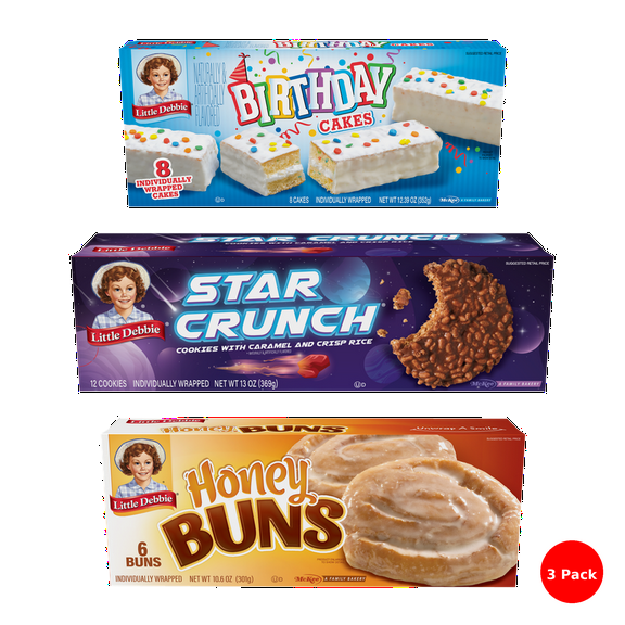 Little Debbie Snack Cake Combo (3 Pack) Honey Buns - 6 Buns, Star Crunch - 12 Cookies, Birthday Cake Creme Pies - 8 Cakes (All Individually Wrapped)