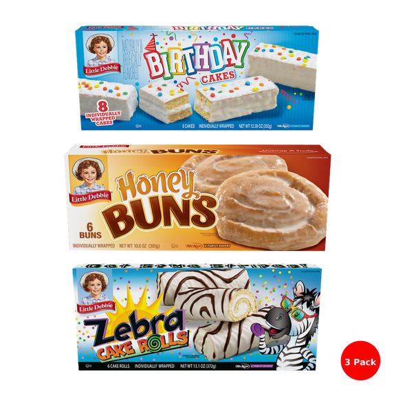 Little Debbie Snack Cake Combo (3 Pack) – Honey Buns - 6 Buns, Zebra Cake Rolls - 6 Cake Rolls, Birthday Cake - 8 Cakes (All Individually Wrapped)