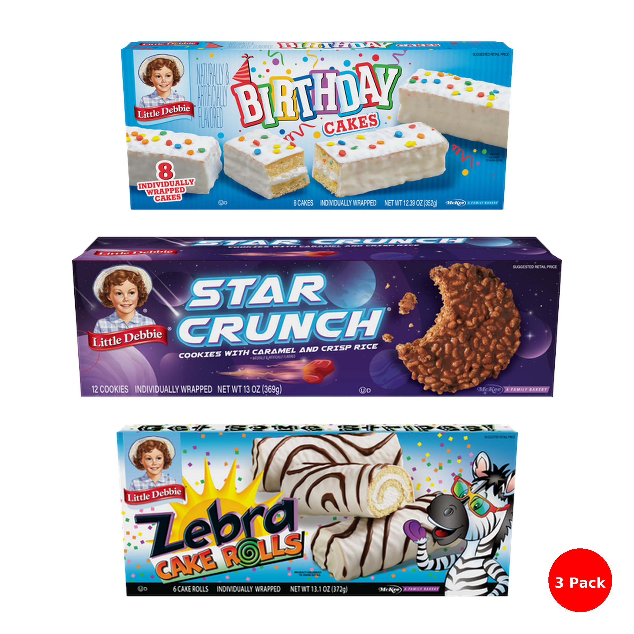 Little Debbie Snack Cake Combo (3 Pack) – Star Crunch - 12 Cookies, Zebra Cake Rolls - 6 Cake Rolls, Birthday Cake Creme Pies - 8 Sandwich Cookies (All Individually Wrapped)