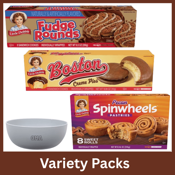 Little Debbie Variety Pack Fudge Rounds, Boston Creme Pies & Pecan Spinwheels Snack Cakes, with Bowl by OMA