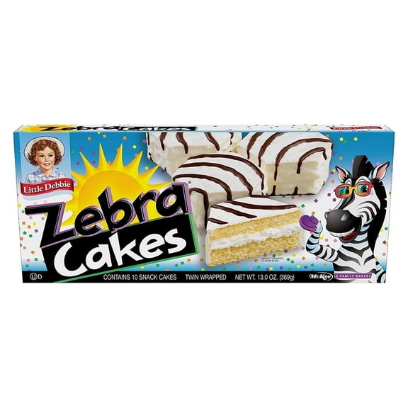Little Debbie Zebra Cakes (10ct/13oz) - Twin-wrapped vanilla cakes with a creamy frosting filling and chocolate-striped coating pack of 2