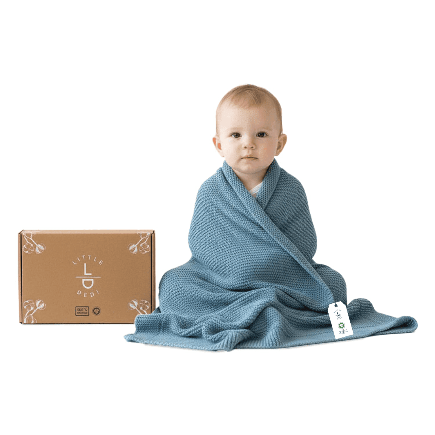 Little Dedi 100% Organic Cotton Baby Knitted Blanket with Gift Box - Soft Toddler, Crib, Stroller Blanket - Neutral Swaddle and Receiving Blanket for Newborns, 30"x40", Smoke Blue