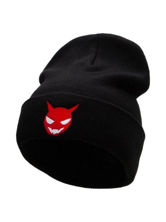 Little Devil Embroidered 12 Inch Long Knitted Beanie - Black OSFM
