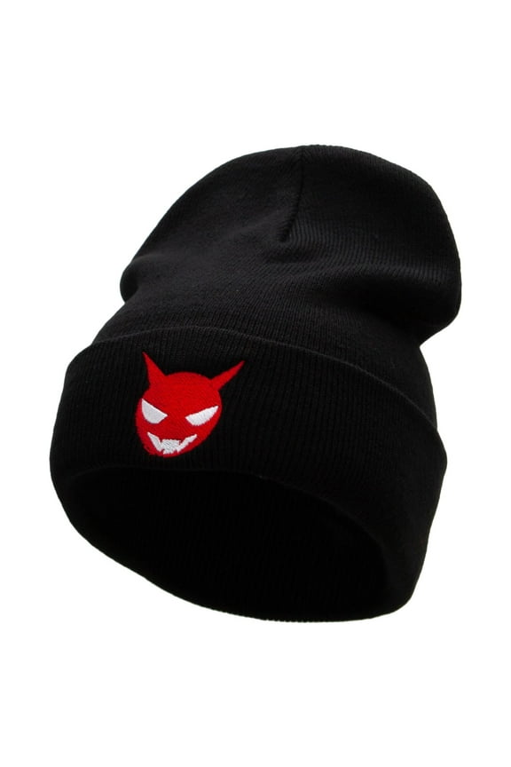 Little Devil Embroidered 12 Inch Long Knitted Beanie - Black OSFM