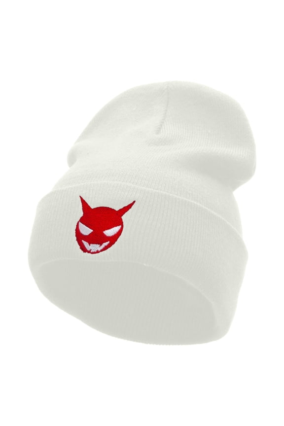Little Devil Embroidered 12 Inch Long Knitted Beanie - White OSFM