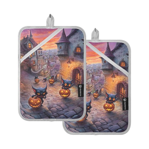 Little Devil Pumpkin Lights Oven Mitts Pot Holders 2 pcs Heat Resistant for Kitchen Baking Grilling