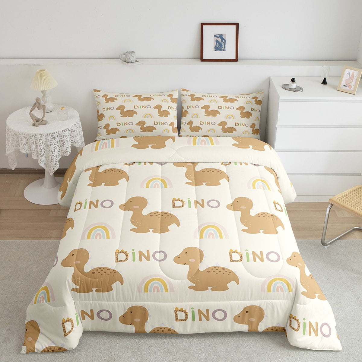 Little Dino Bedding Set Full for Kids Toddlers Brown Dinosaur Comforter ...