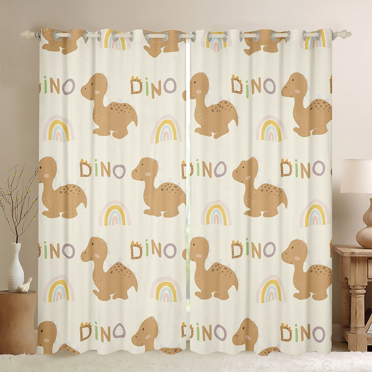 Little Dino Curtains for Kids Toddlers Brown Dinosaur Blackout Curtains