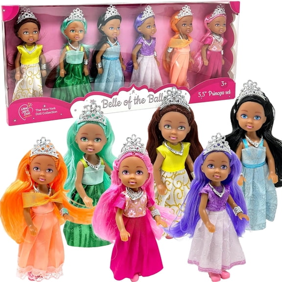 Little Dolls Set with Mini Princess Dolls for Girls – Princess Toy Dolls for Dollhouse – Small Doll Mini Princess Figures with Tiaras, Hair, Accessories – Tiny 5.5” Miniature Mini Dolls Set of 6