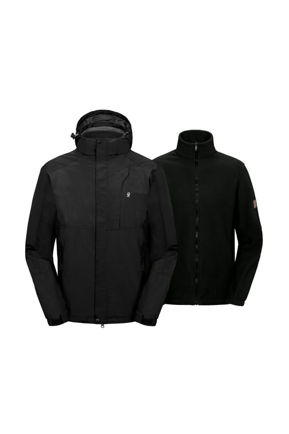 Men's 3 in 1 Winter Ski Jacket Warm Fleece Liner Jacket Waterproof Windproof Snow Coat & Detachable Hood Black/Black L