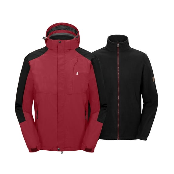 Little Donkey Andy Men's 3 in 1 Winter Ski Jacket Warm Fleece Liner Jacket Waterproof Windproof Snow Coat & Detachable Hood Ruby/Black 3XL