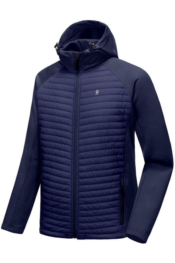 Men's Insulated Hiking Jacket, Hooded Thermal Running Hybrid Jacket, Dark Blue Size XL