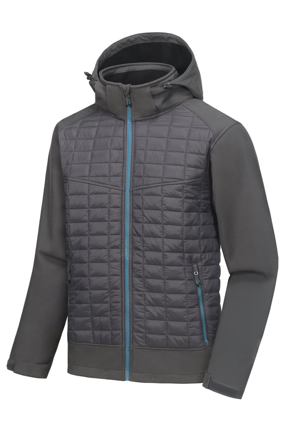 Men's Lightweight Insulated Hybrid Jacket for Hiking Running Ski Thermal Warm with Removable Hood Gray 2XL