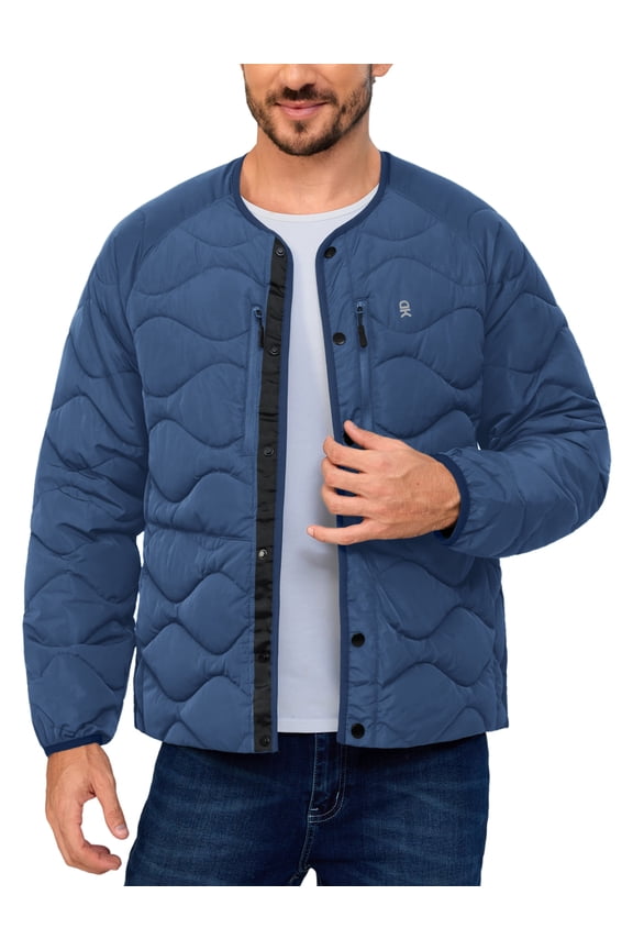 Men's Quilted Jacket Lightweight Bomber Puffer Jacket Long Sleeve Padded Coat with 6 Pockets Black Blue M