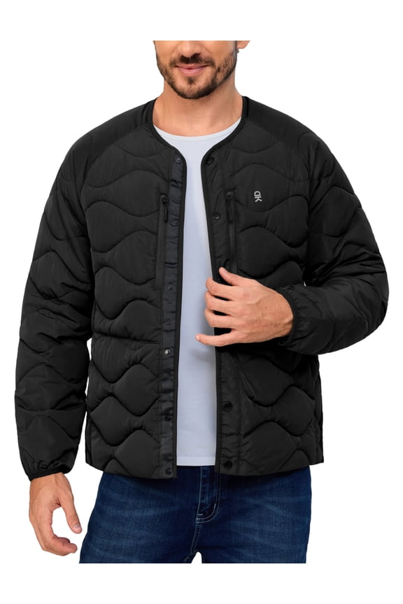 Men's Quilted Jacket Lightweight Bomber Puffer Jacket Long Sleeve Padded Coat with 6 Pockets Black M