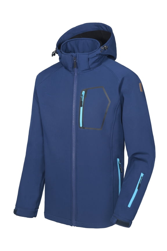 Men's Softshell Hiking Jackets Ski Snow Fleece Lined Lightweight Removable Hood Navy Blue L