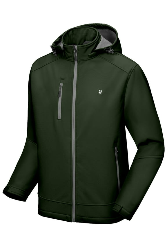 Men's Softshell Jacket with Removable Hood, Fleece Lined and Water Repellent Elm Green Size XL