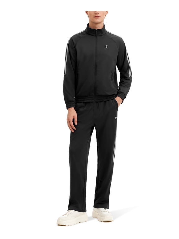 Men's 2Pc Full Zip Tracksuit, 4 Way Stretch with Reflective Stripes & Zipper Pockets, Straight Leg for Golf Running Gym Black L