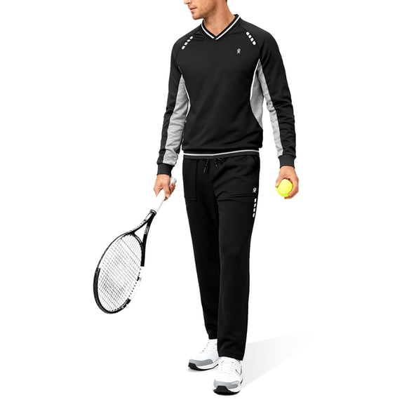 Men's 2Pc V Neck Tracksuit, 4 Way Stretch Reflective for Gym Running Black Light Gray S