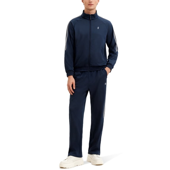 Men's 2Pc Full Zip Tracksuit, 4 Way Stretch with Reflective Stripes & Zipper Pockets, Straight Leg for Golf Running Gym Dark Blue XL