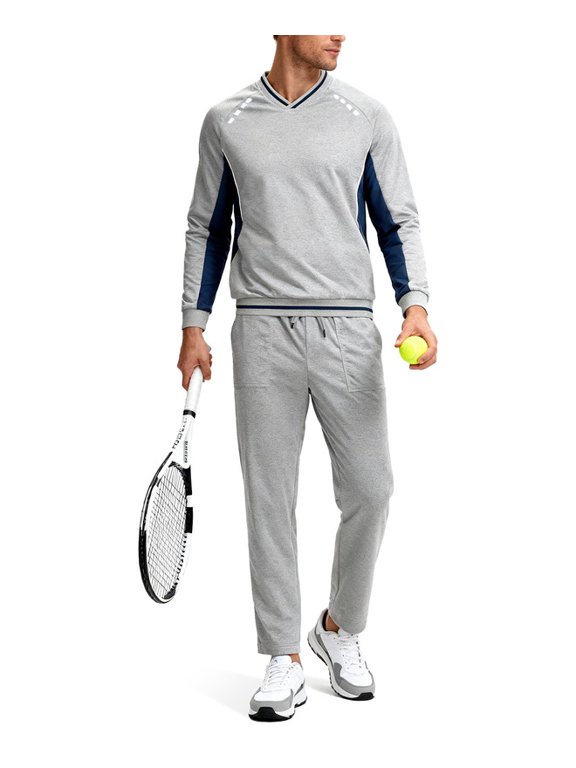 Men's 2Pc V Neck Tracksuit, 4 Way Stretch Reflective for Gym Running Light Gray Navy 2XL
