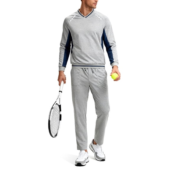 Men's 2Pc V Neck Tracksuit, 4 Way Stretch Reflective for Gym Running Light Gray Navy L