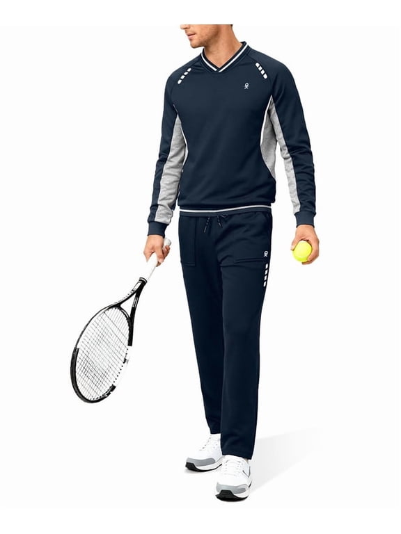Men's 2Pc V Neck Tracksuit, 4 Way Stretch Reflective for Gym Running Navy Light Gray 2XL