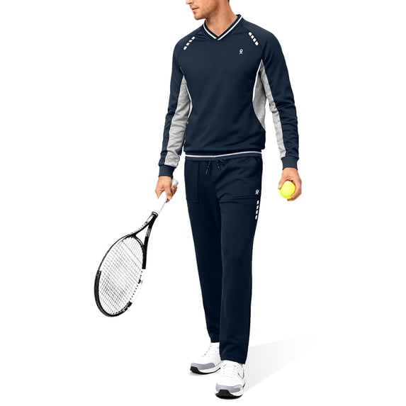 Men's 2Pc V Neck Tracksuit, 4 Way Stretch Reflective for Gym Running Navy Light Gray M