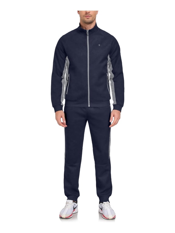 Men's 2Pc Full Zip Tracksuit, 4 Way Stretch Color Block Jogger with Zipper Pockets for Gym Running Navy 2XL