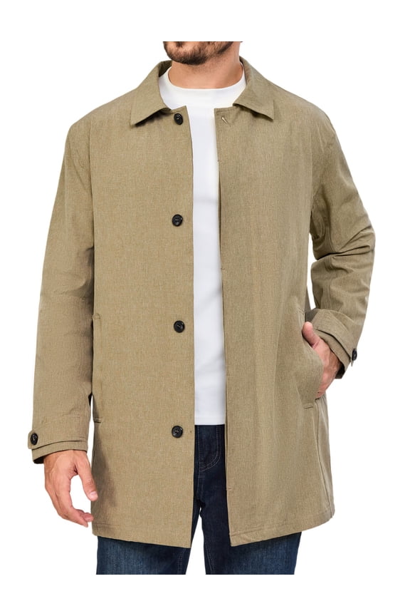 Men's Waterproof Mid-Length Trench Coat, Lightweight Long Rain Coat, Single Breasted Overcoat (Khaki Heather XXL)
