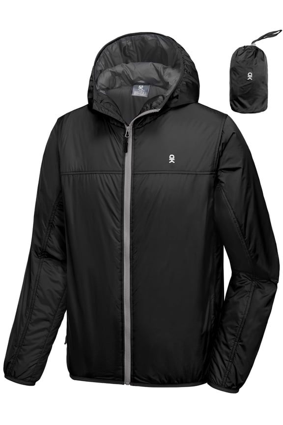 Men's Waterproof Winter Jacket, Lightweight Warm Thermal Outdoor Shell with Hood for Hiking Travel Golf Type B Insulation Black L