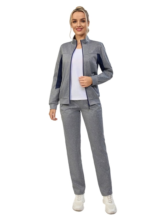 Women's 2Pc Full Zip Tracksuit, 4 Way Stretch Breathable with Reflective & Zipper Pockets for Gym Running Light Grey S