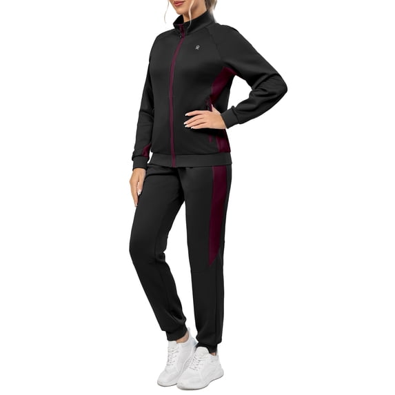 Women's 2Pc Full Zip Tracksuit, 4 Way Stretch Breathable Jogger with Zipper Pockets for Gym Running Black M