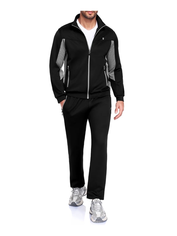 Men's 2 Piece Full Zip Tracksuit Set, 4 Way Stretch Breathable Athletic Outfit with Reflective Details & Zipper Pockets, for Gym Running Outdoor, Black L