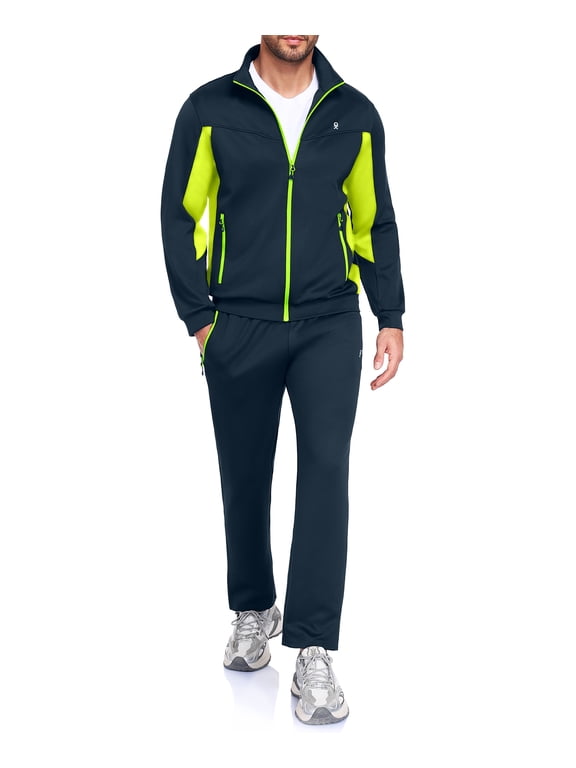 Men's 2 Piece Full Zip Tracksuit Set, 4 Way Stretch Breathable Athletic Outfit with Reflective Details & Zipper Pockets, for Gym Running Outdoor, Blue Green 2XL